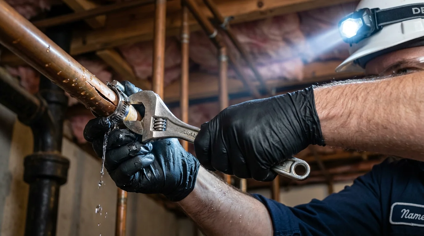 Emergency pipe clamp repair being performed by a Johns Plumbing LLC plumber in Newfield