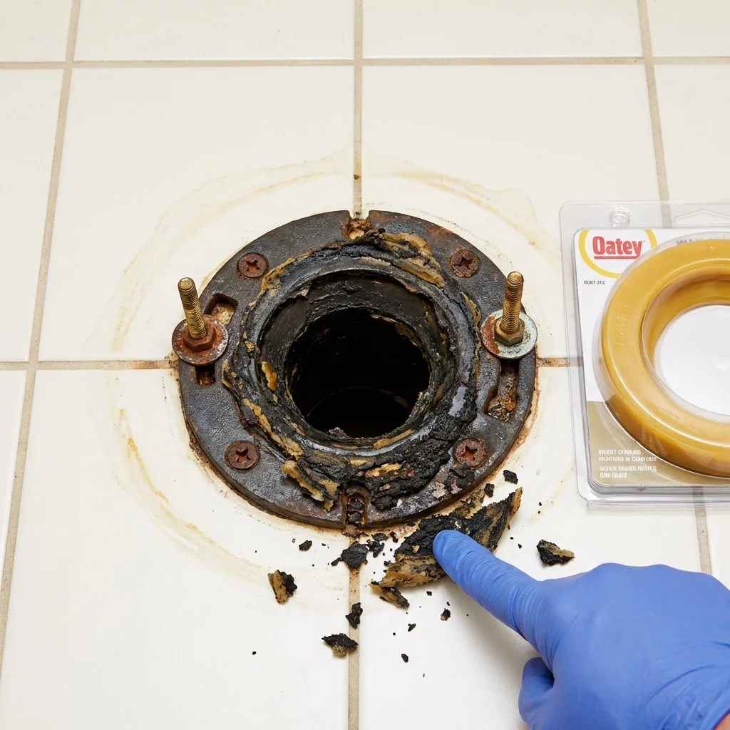 Failed wax ring showing water seepage at the base of a toilet in a Newfield, NJ home