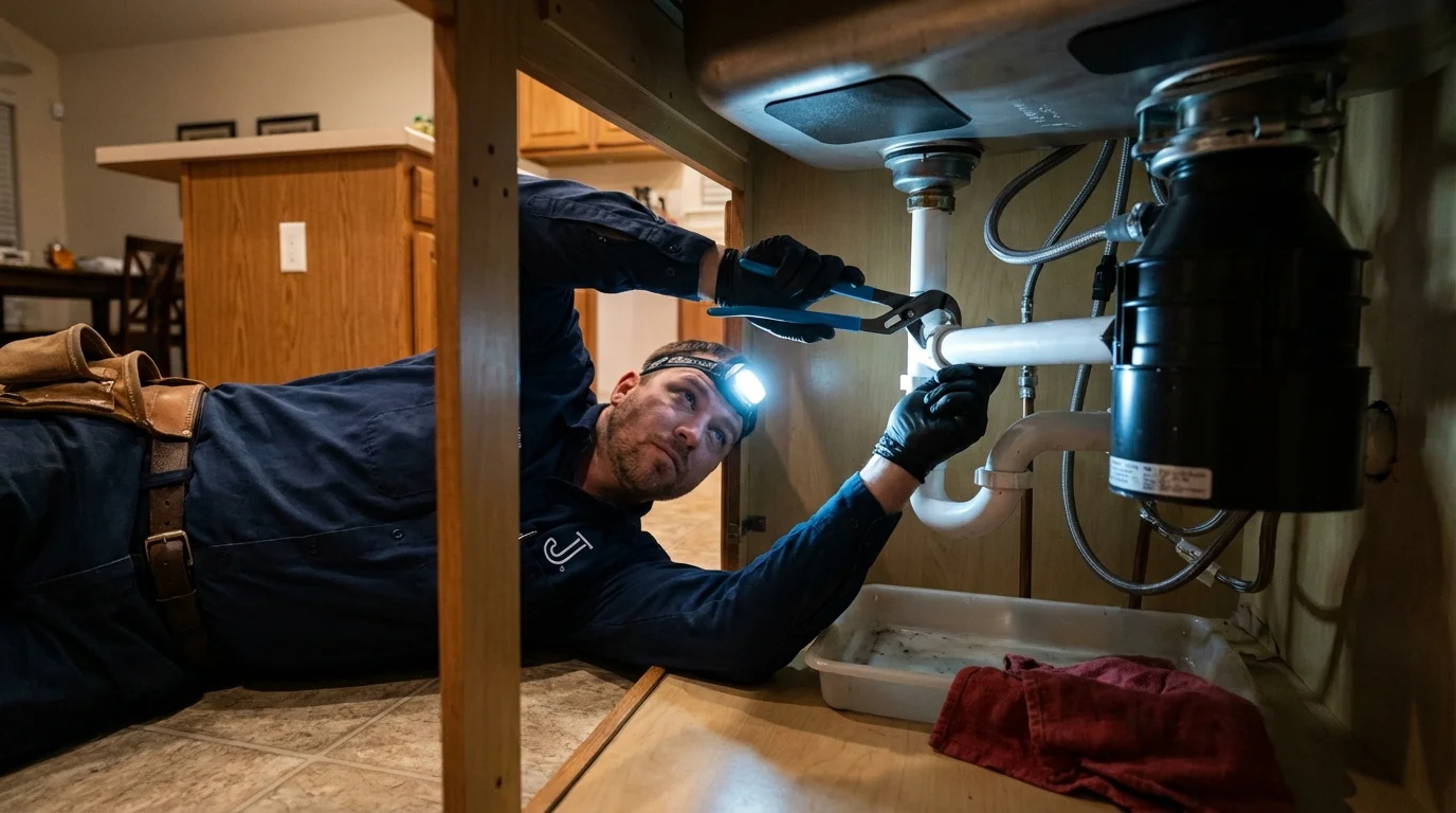 P-trap and supply line connections under a kitchen sink showing a common leak point in Newfield, NJ